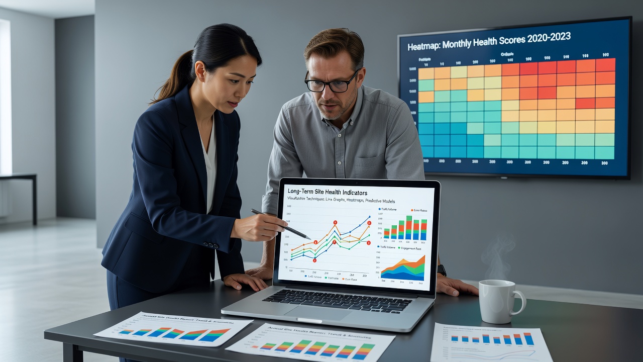 Detailed view of interactive charts tracking site uptime, traffic, and error rates across extended time periods
